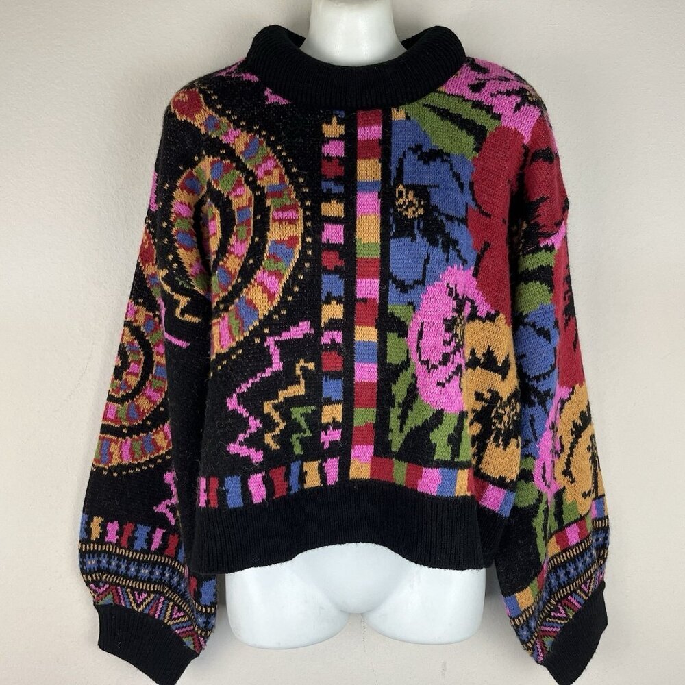 FARM Rio Black Mixed Scarves Sweater Floral Thick High-Neck Pullover - Picture 2 of 9
